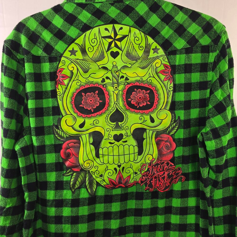 Ironfist Green Black Plaid Flannel Skull Pearl Snap Shirt Size Medium